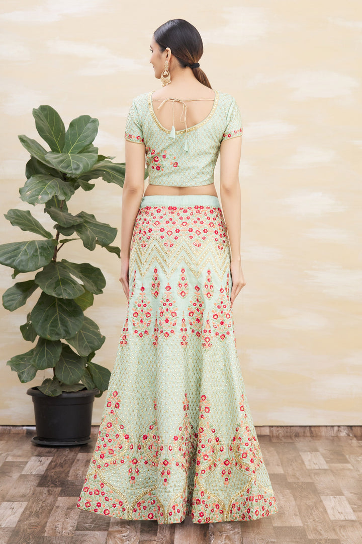 Designer Pista Green Lehenga Choli | Silk Fabric with Jari Thread Embroidery