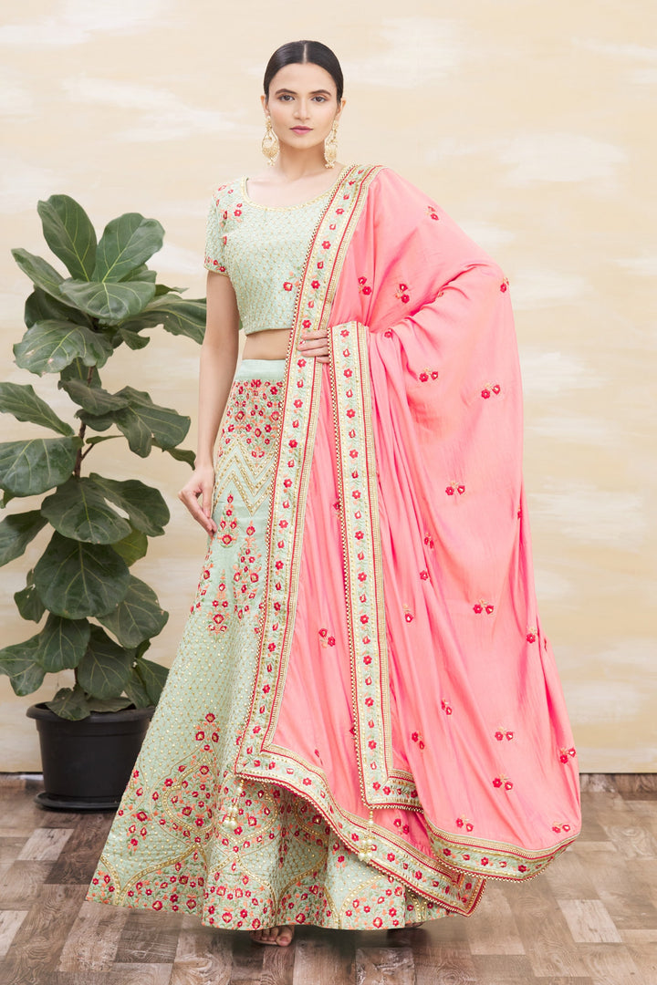 Designer Pista Green Lehenga Choli | Silk Fabric with Jari Thread Embroidery