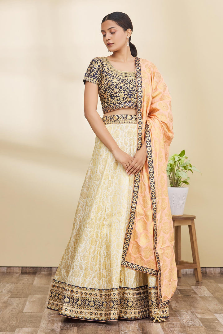 Raw Silk Blouse Lehenga Choli | Cream Embroidered Bridal Wear with Badla Work