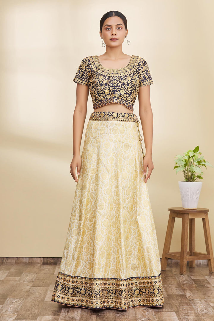 Raw Silk Blouse Lehenga Choli | Cream Embroidered Bridal Wear with Badla Work