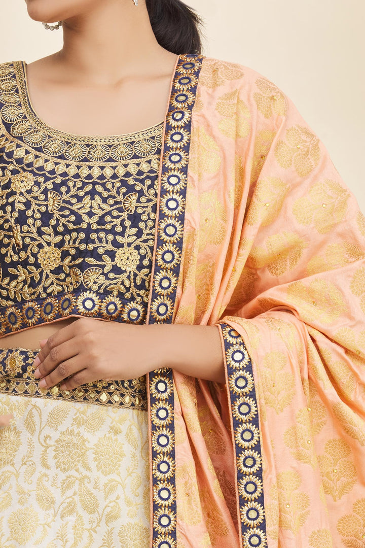Raw Silk Blouse Lehenga Choli | Cream Embroidered Bridal Wear with Badla Work