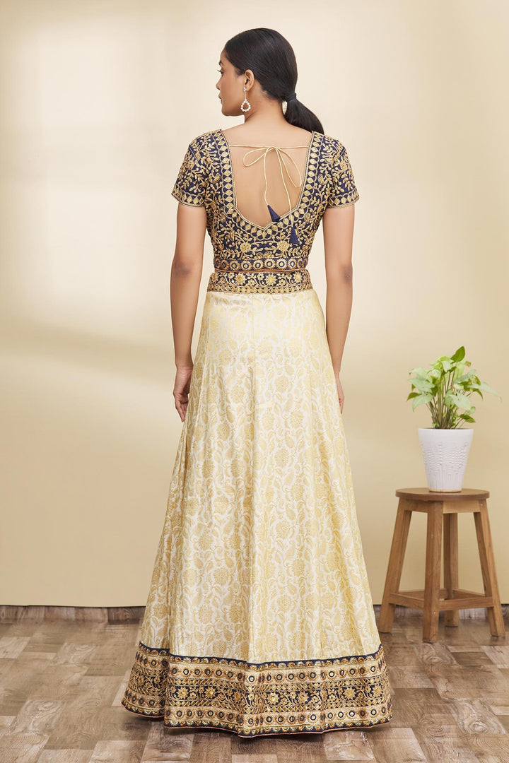 Raw Silk Blouse Lehenga Choli | Cream Embroidered Bridal Wear with Badla Work