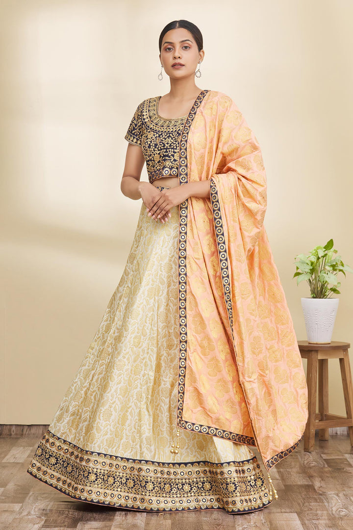 Raw Silk Blouse Lehenga Choli | Cream Embroidered Bridal Wear with Badla Work