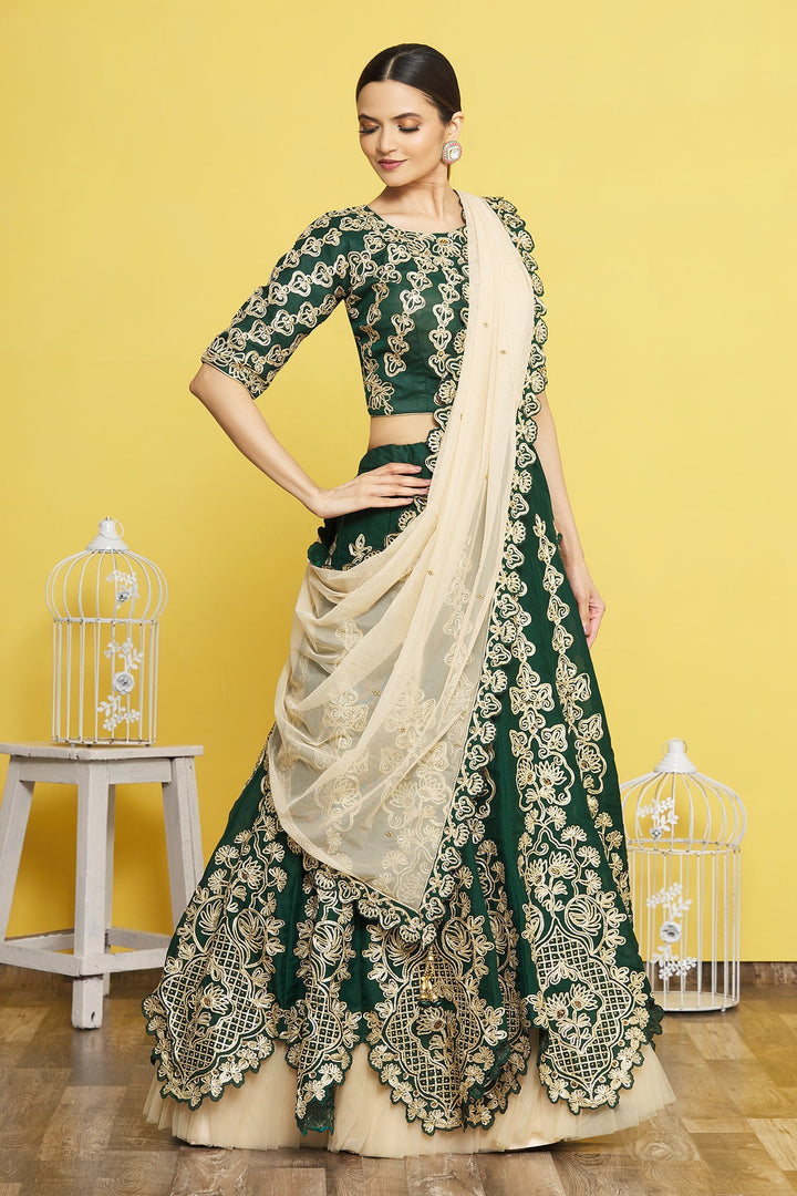 Green Satin Silk Lehenga | Net Dupatta with Ribbon Embroidery and Frill Work