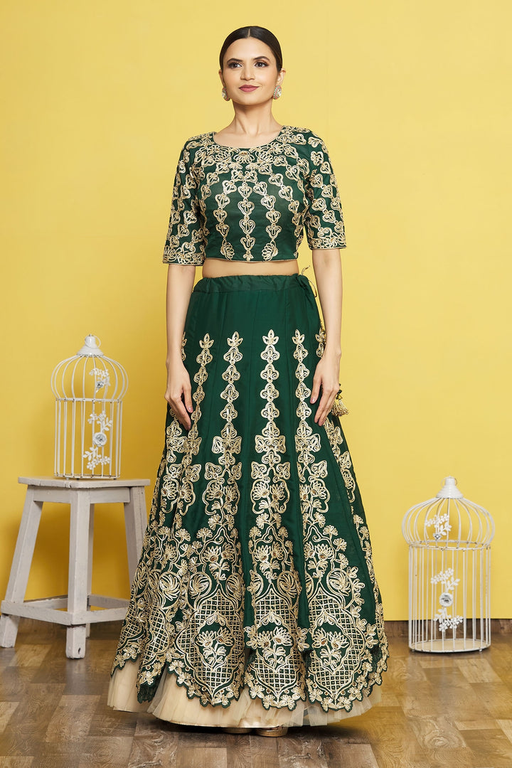 Green Satin Silk Lehenga | Net Dupatta with Ribbon Embroidery and Frill Work