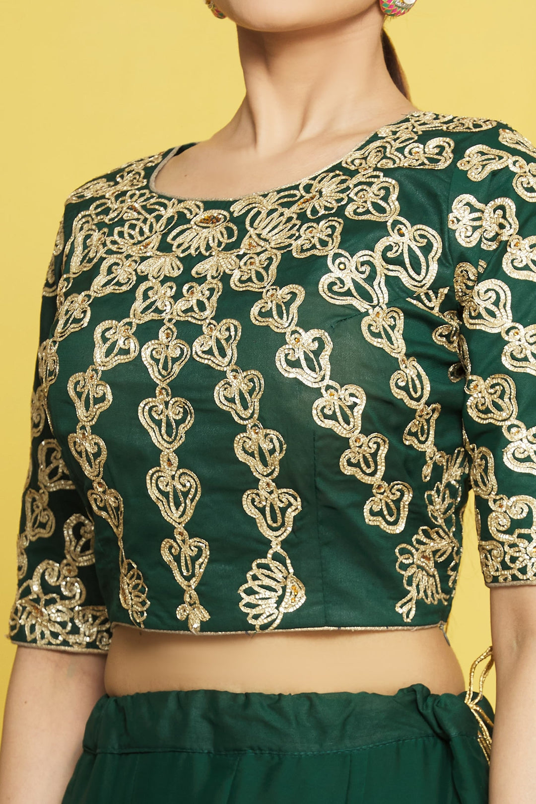 Green Satin Silk Lehenga | Net Dupatta with Ribbon Embroidery and Frill Work