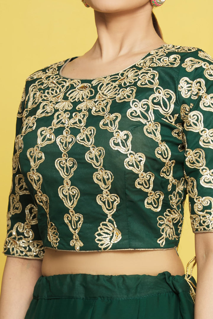 Green Satin Silk Lehenga | Net Dupatta with Ribbon Embroidery and Frill Work