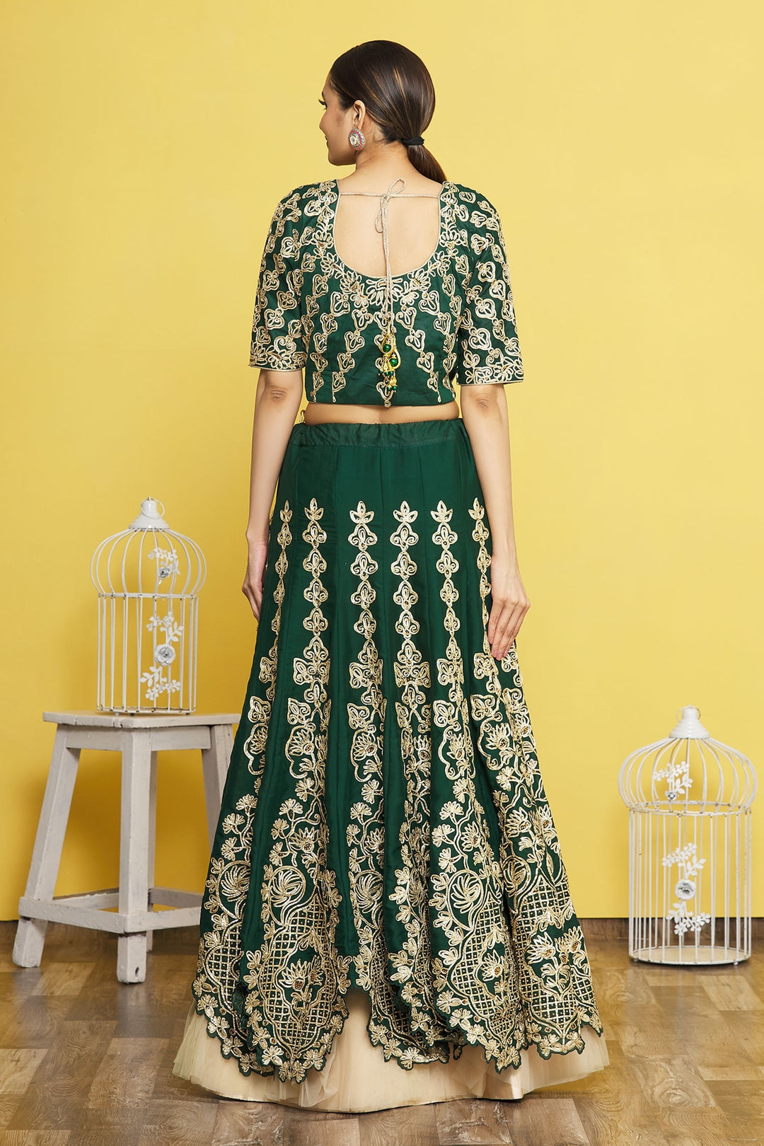 Green Satin Silk Lehenga | Net Dupatta with Ribbon Embroidery and Frill Work