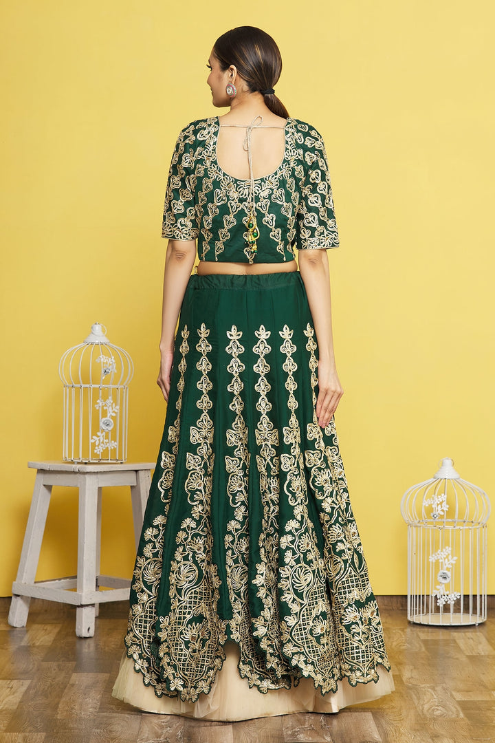Green Satin Silk Lehenga | Net Dupatta with Ribbon Embroidery and Frill Work