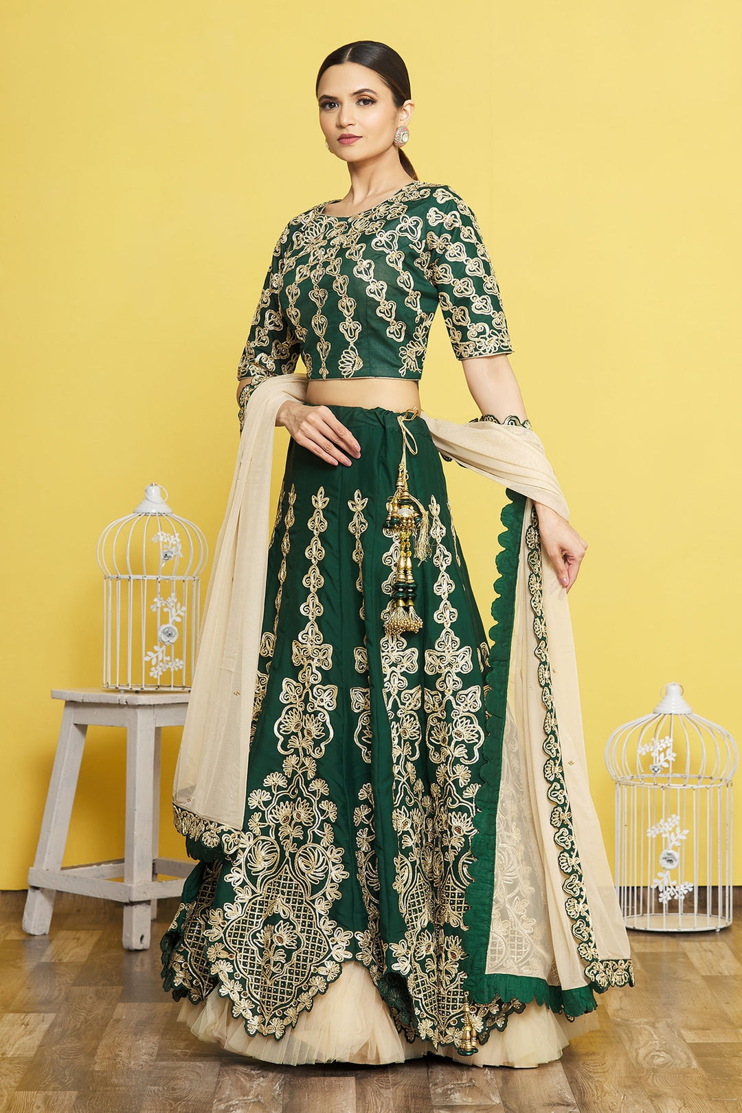 Green Satin Silk Lehenga | Net Dupatta with Ribbon Embroidery and Frill Work