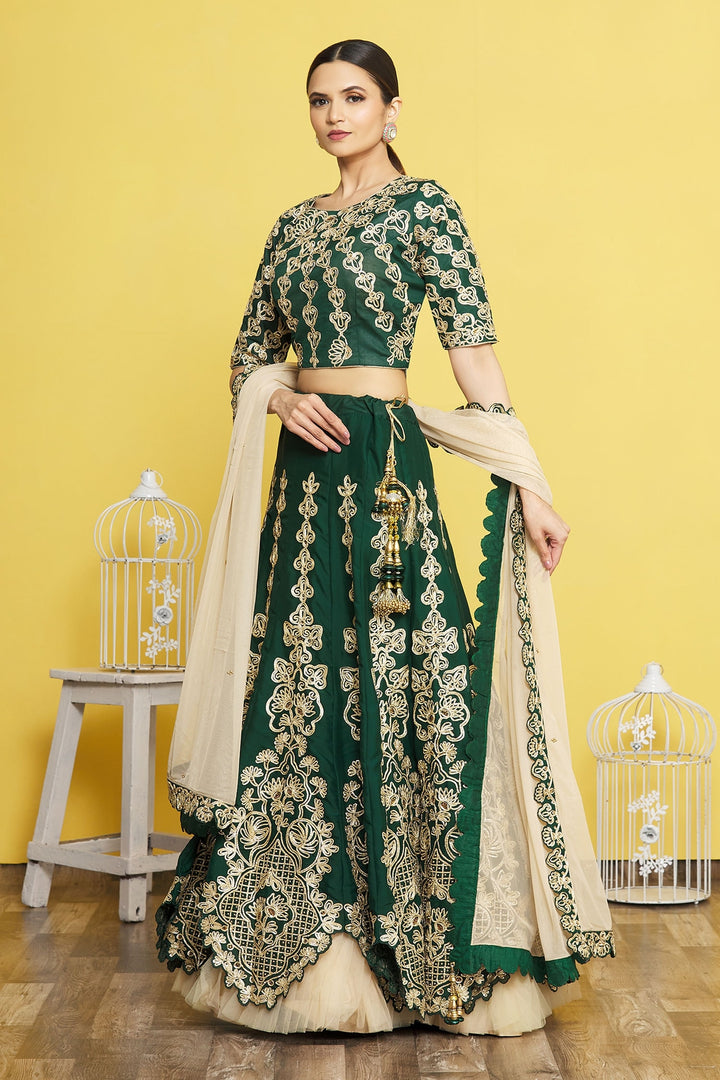 Green Satin Silk Lehenga | Net Dupatta with Ribbon Embroidery and Frill Work
