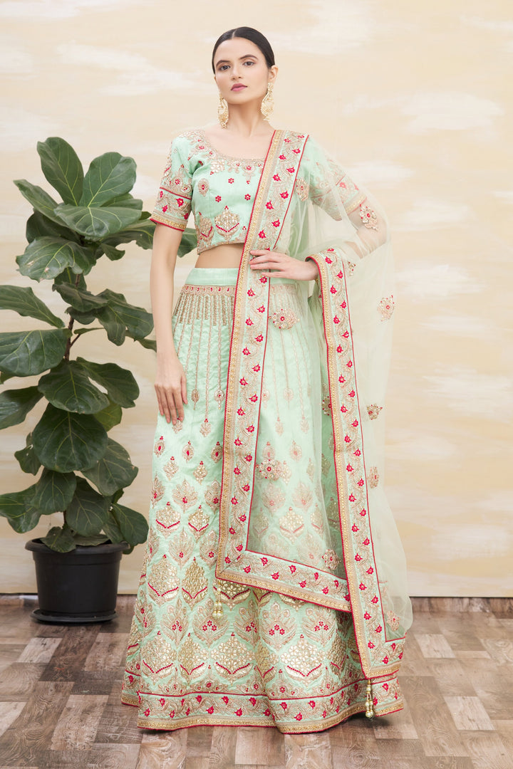 Pista Green Silk Lehenga | Net Dupatta with Jari and Cord Embroidery Work