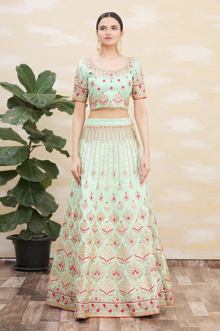 Pista Green Silk Lehenga | Net Dupatta with Jari and Cord Embroidery Work