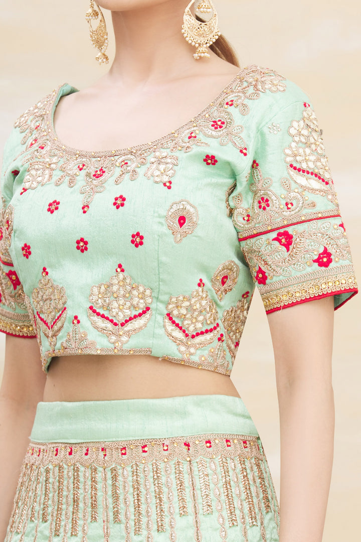 Pista Green Silk Lehenga | Net Dupatta with Jari and Cord Embroidery Work