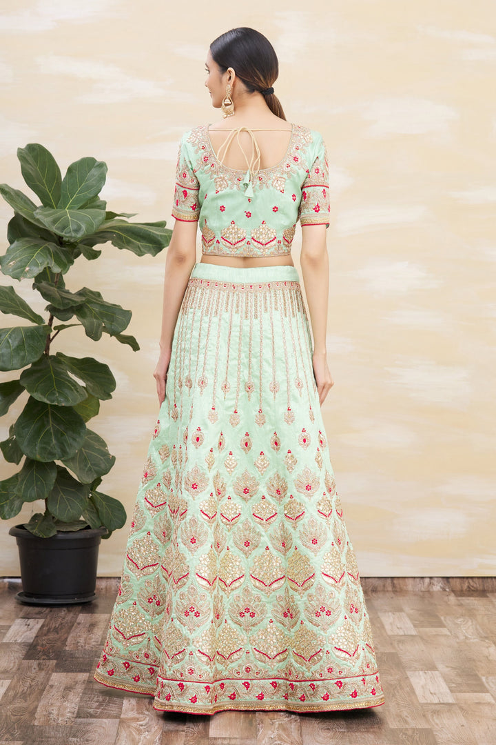 Pista Green Silk Lehenga | Net Dupatta with Jari and Cord Embroidery Work