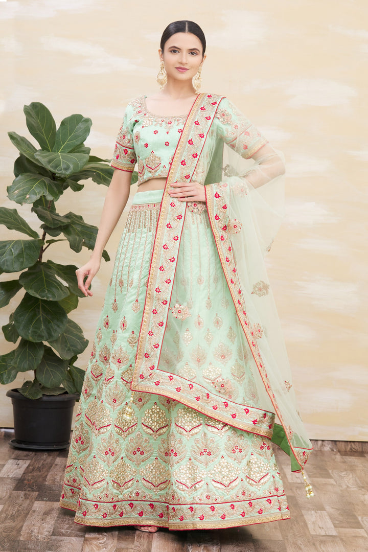 Pista Green Silk Lehenga | Net Dupatta with Jari and Cord Embroidery Work