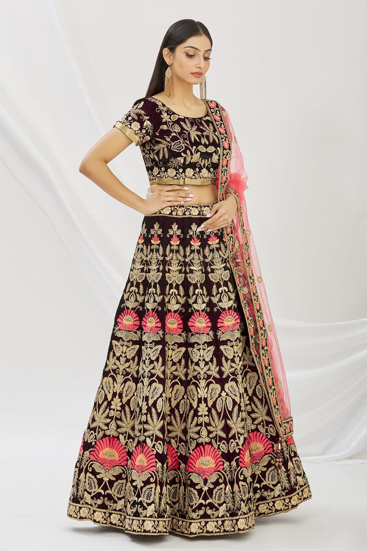 Elegant Wine Velvet Lehenga | Intricate Cord Embroidery & Net Dupatta