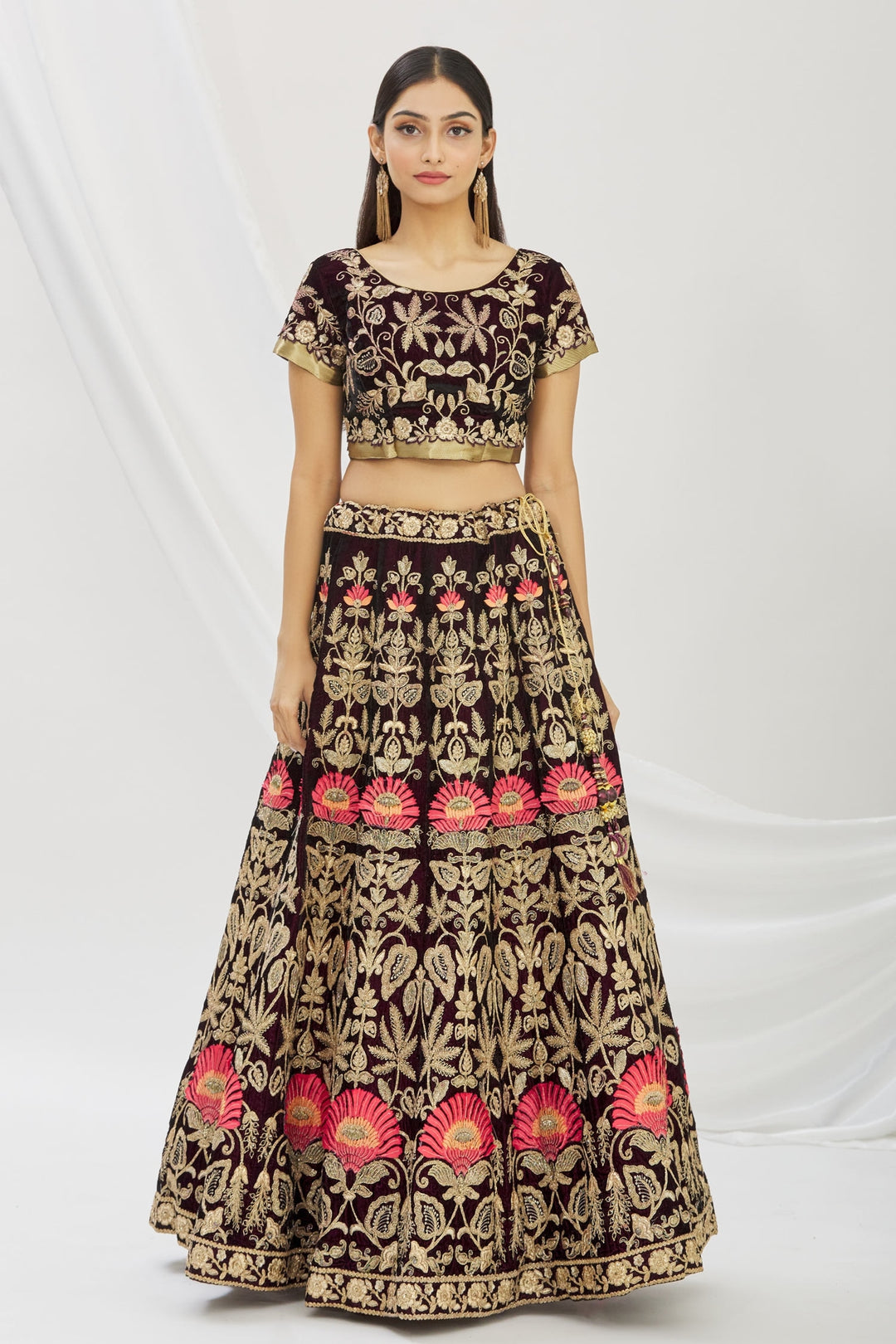 Elegant Wine Velvet Lehenga | Intricate Cord Embroidery & Net Dupatta
