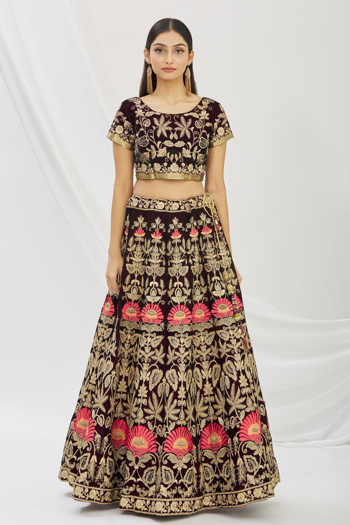 Elegant Wine Velvet Lehenga | Intricate Cord Embroidery & Net Dupatta