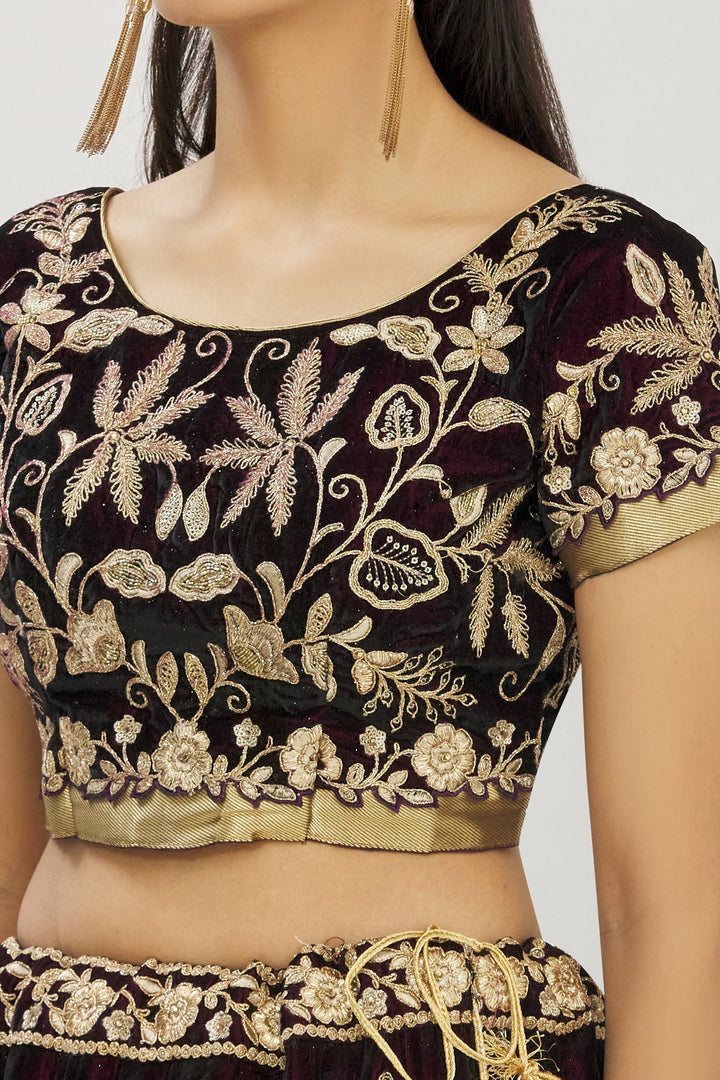 Elegant Wine Velvet Lehenga | Intricate Cord Embroidery & Net Dupatta
