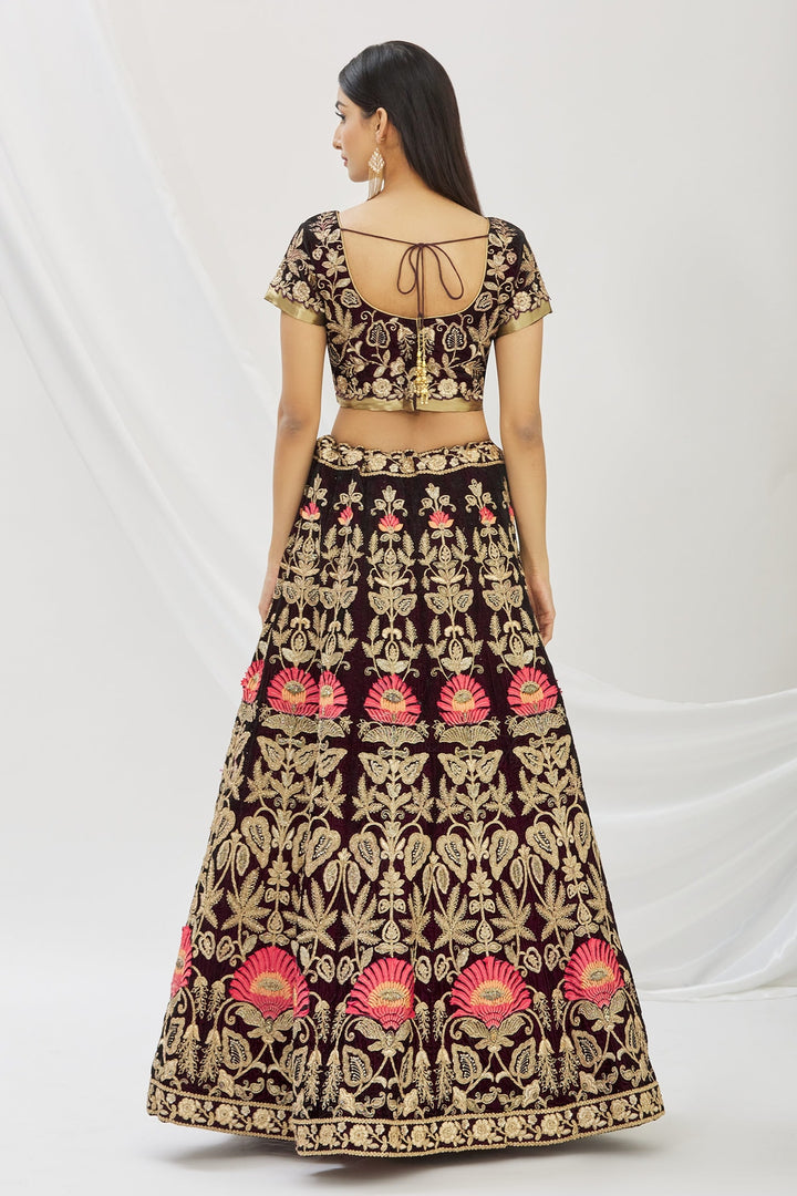 Elegant Wine Velvet Lehenga | Intricate Cord Embroidery & Net Dupatta
