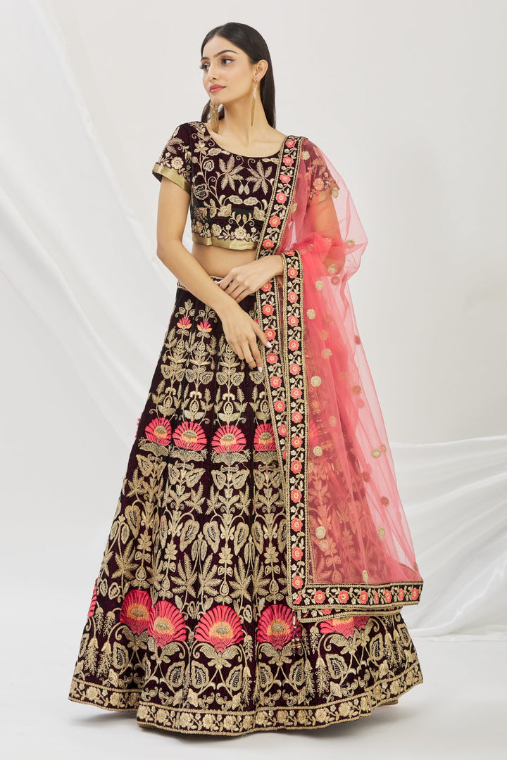 Elegant Wine Velvet Lehenga | Intricate Cord Embroidery & Net Dupatta