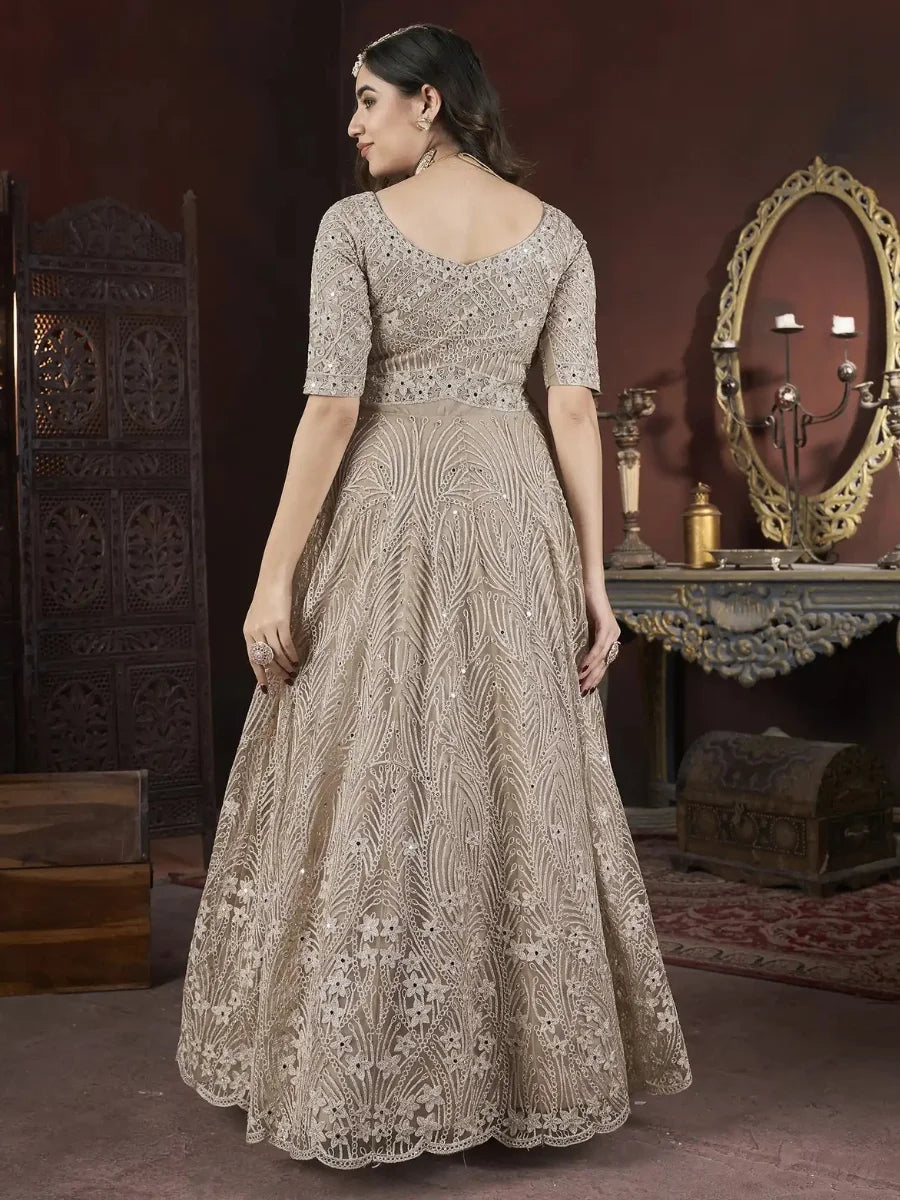 Full view beige embroidered netted gown.