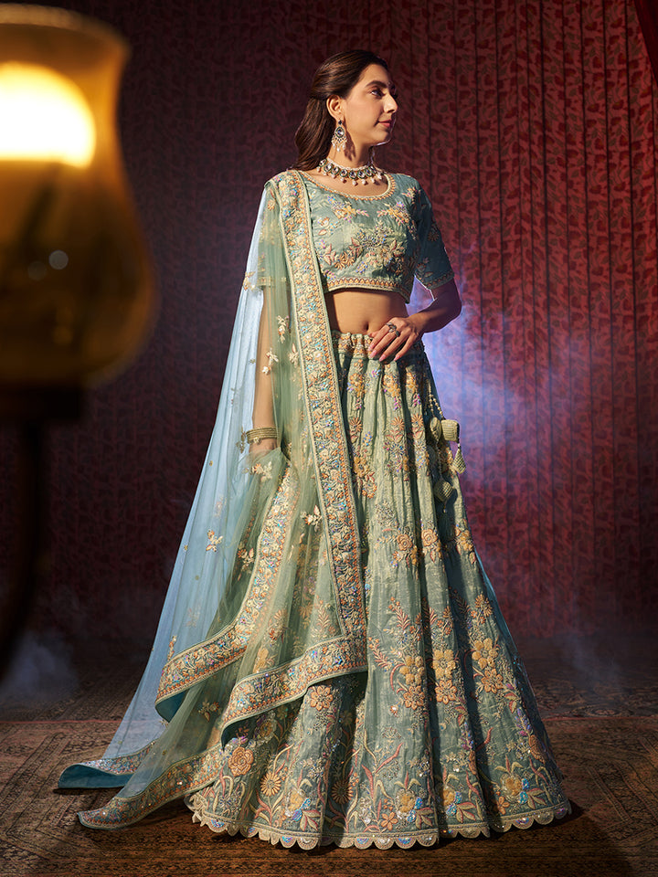 Charming Turquoise Organza Lehenga with Turquoise Dupatta | An Exclusive Designer Masterpiece