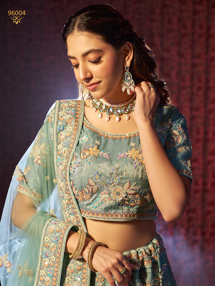 Charming Turquoise Organza Lehenga with Turquoise Dupatta | An Exclusive Designer Masterpiece