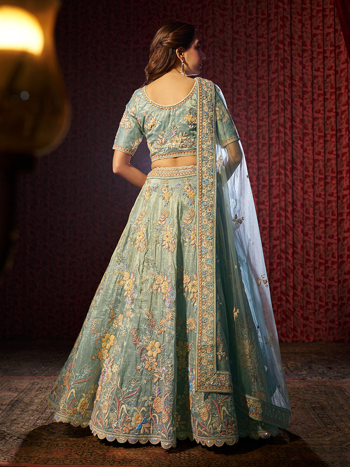 Charming Turquoise Organza Lehenga with Turquoise Dupatta | An Exclusive Designer Masterpiece