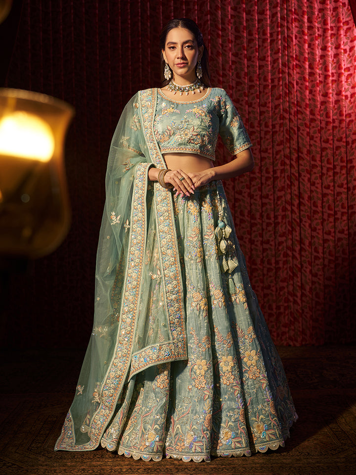 Charming Turquoise Organza Lehenga with Turquoise Dupatta | An Exclusive Designer Masterpiece