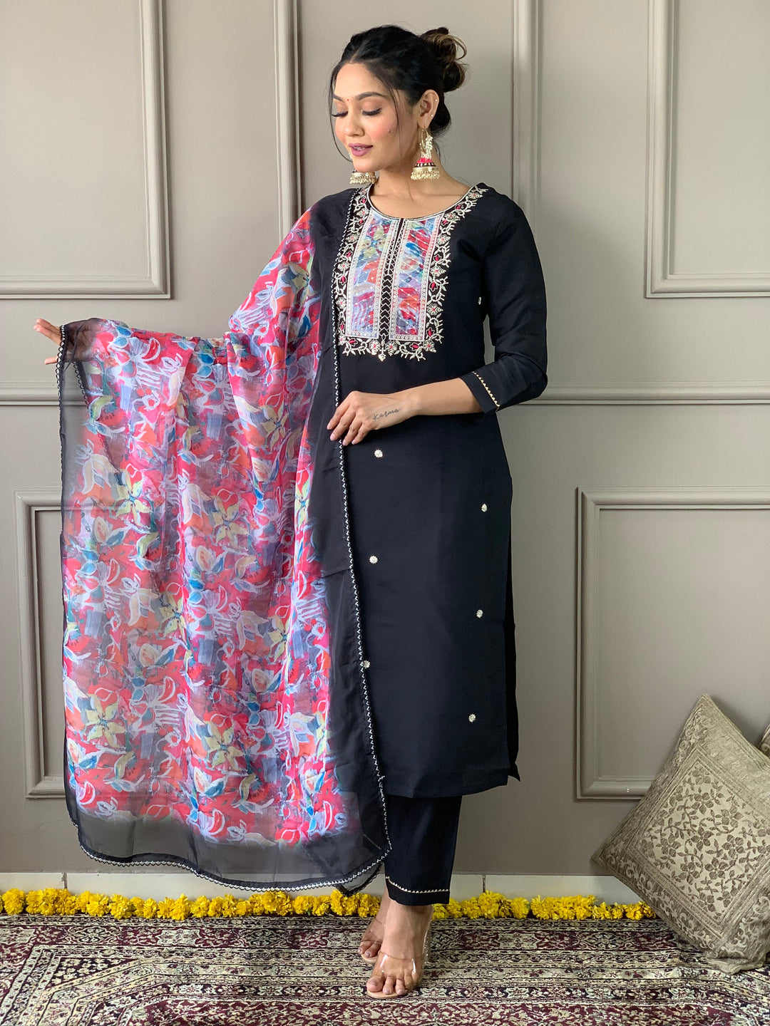 Stunning Black Embroidered Rayon Event Wear Pant Suit With Dupatta