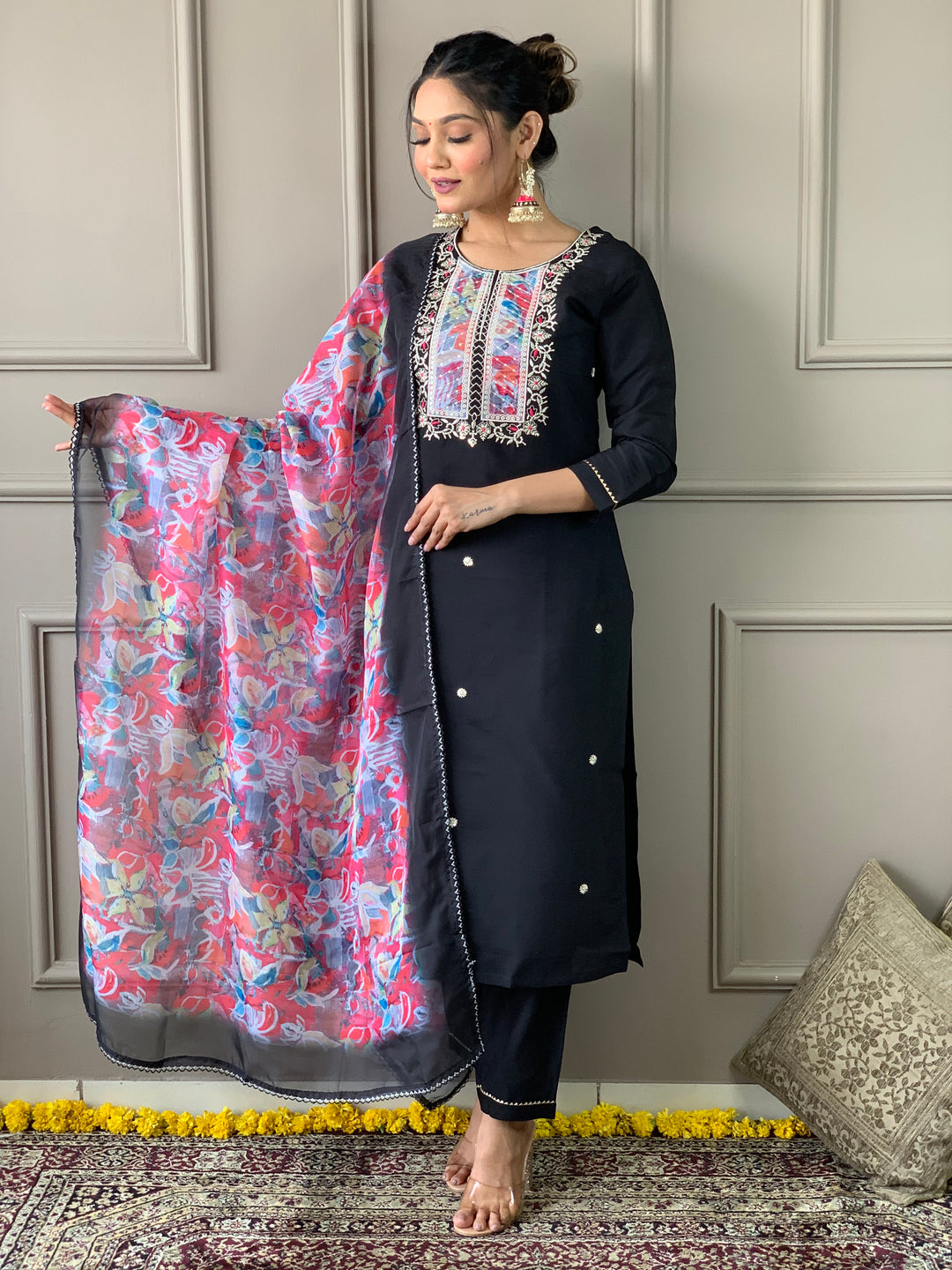 Stylish Black Rayon Slub Top Featuring Rayon Slub Bottom | Accentuated by a Organza Dupatta