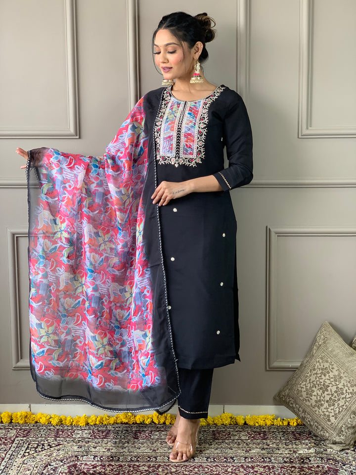 Stylish Black Rayon Slub Top Featuring Rayon Slub Bottom | Accentuated by a Organza Dupatta