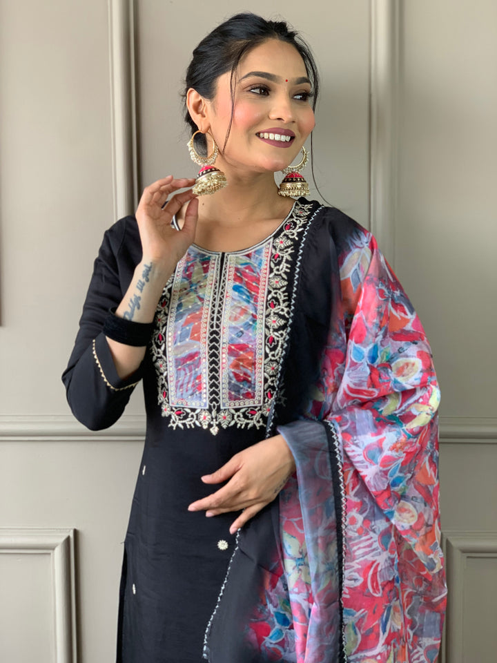 Stylish Black Rayon Slub Top Featuring Rayon Slub Bottom | Accentuated by a Organza Dupatta