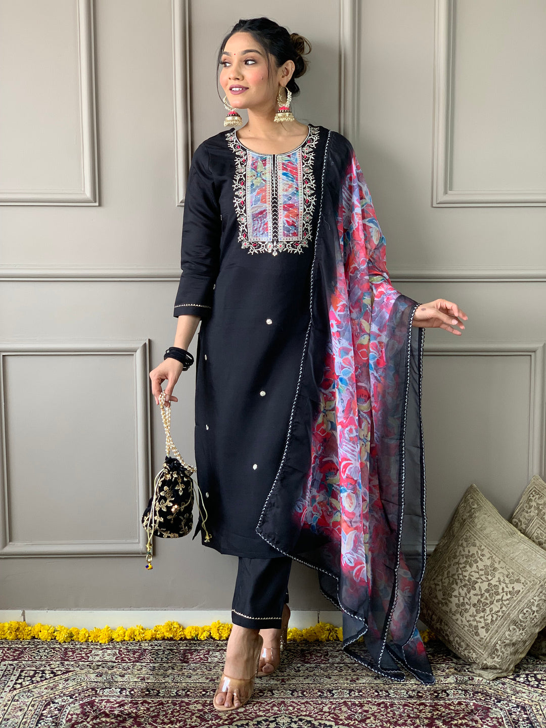 Stylish Black Rayon Slub Top Featuring Rayon Slub Bottom | Accentuated by a Organza Dupatta