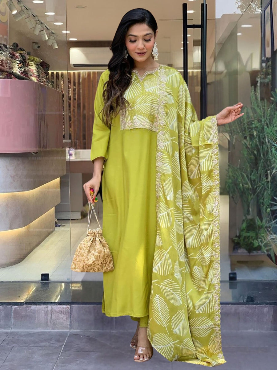 Amazing Lime Green Printed Viscose Festival Wear Pant Suit With Dupatta