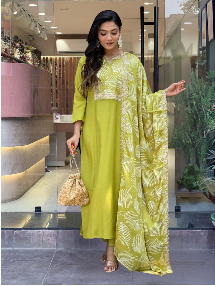 Graceful Lime Viscose Top with BSY Viscose Bottom | Accentuated by a French Crepe Dupatta