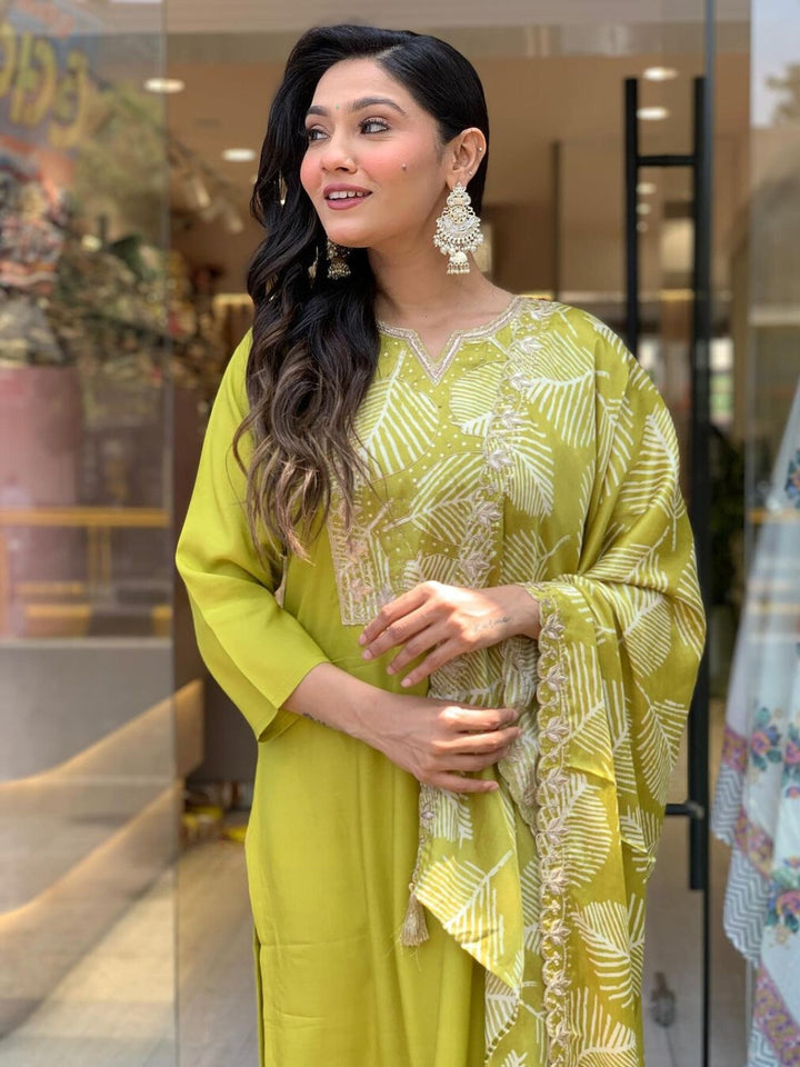Graceful Lime Viscose Top with BSY Viscose Bottom | Accentuated by a French Crepe Dupatta