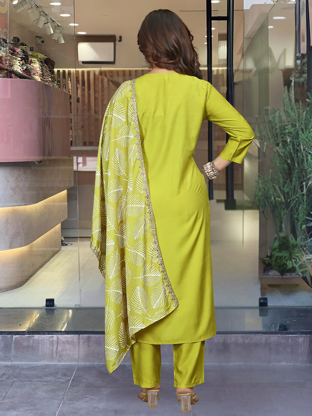 Amazing Lime Green Printed Viscose Festival Wear Pant Suit With Dupatta