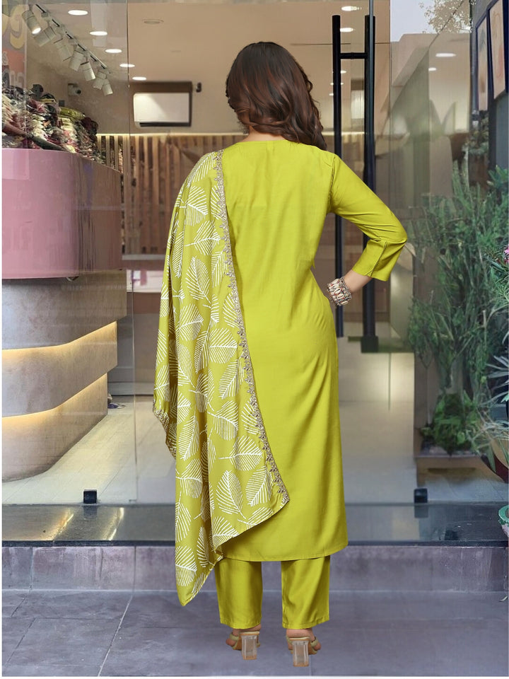 Graceful Lime Viscose Top with BSY Viscose Bottom | Accentuated by a French Crepe Dupatta
