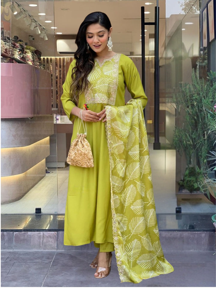 Graceful Lime Viscose Top with BSY Viscose Bottom | Accentuated by a French Crepe Dupatta