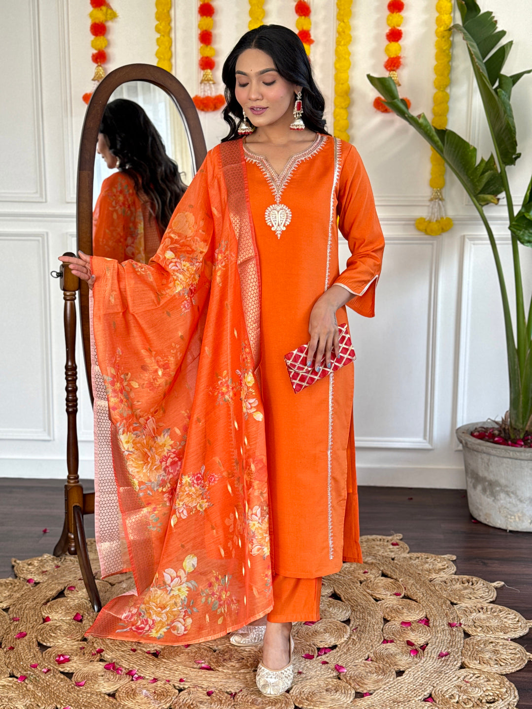 Chic Orange Viscose Chanderi and Viscose Chanderi Combination | Accentuated by a  Jacquard Silk