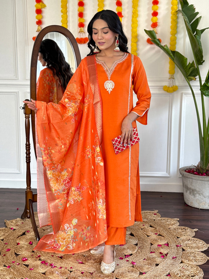 Chic Orange Viscose Chanderi and Viscose Chanderi Combination | Accentuated by a  Jacquard Silk