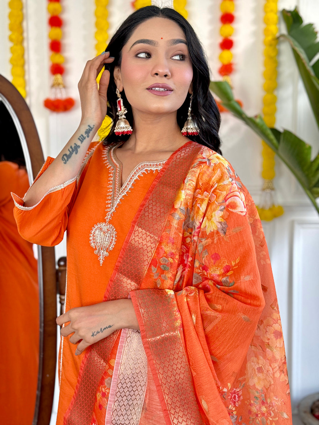 Chic Orange Viscose Chanderi and Viscose Chanderi Combination | Accentuated by a  Jacquard Silk