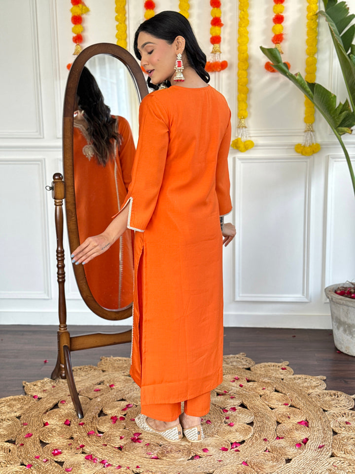 Chic Orange Viscose Chanderi and Viscose Chanderi Combination | Accentuated by a  Jacquard Silk