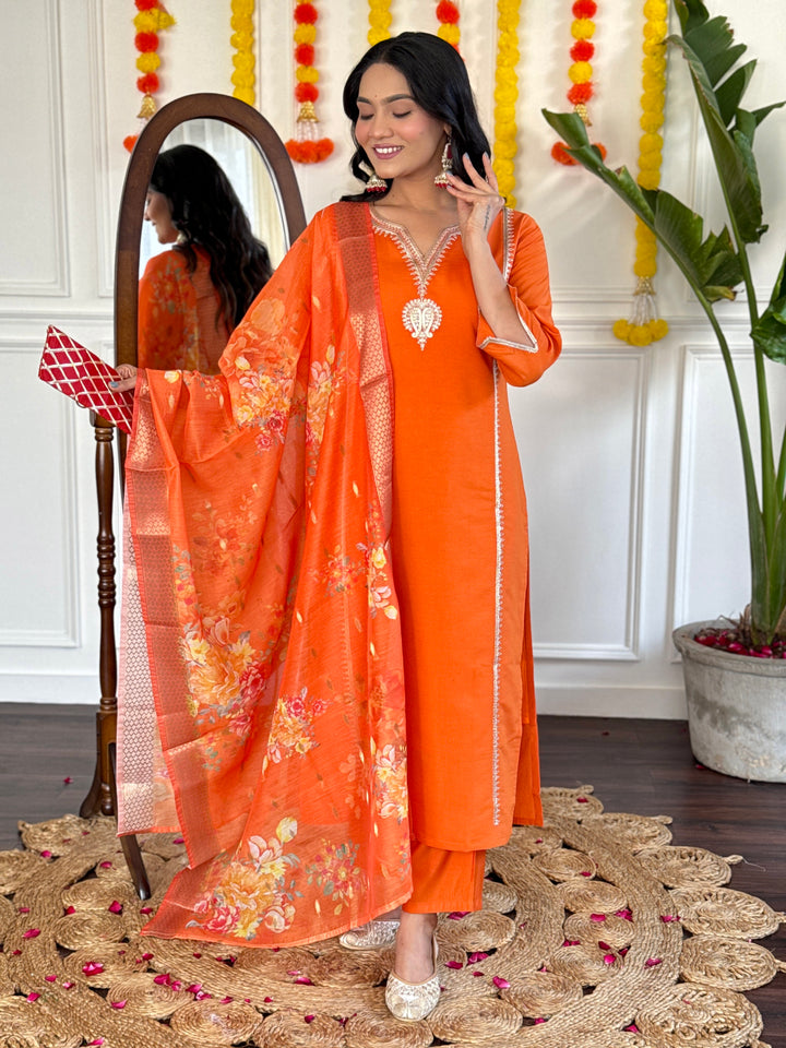 Chic Orange Viscose Chanderi and Viscose Chanderi Combination | Accentuated by a  Jacquard Silk
