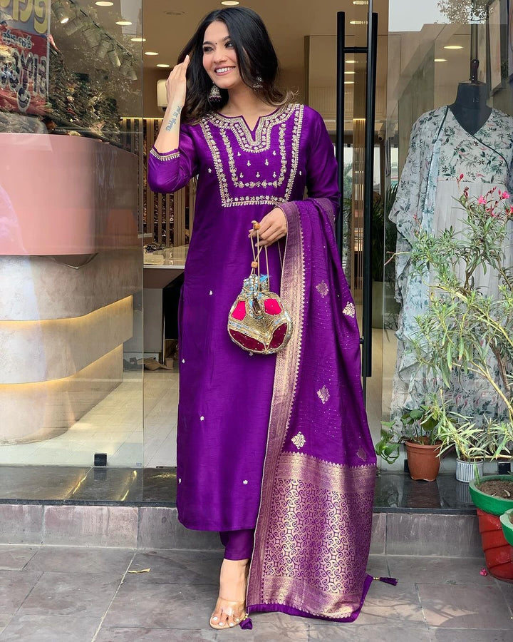 Graceful Purple Viscose Chanderi Top with Viscose Chanderi Bottom | Completed with a Gorgeous