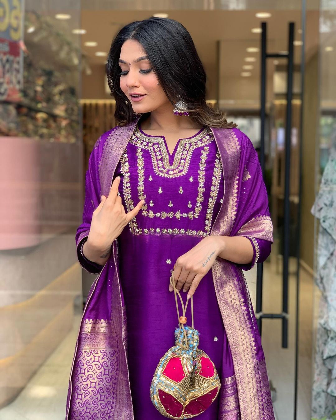 Graceful Purple Viscose Chanderi Top with Viscose Chanderi Bottom | Completed with a Gorgeous