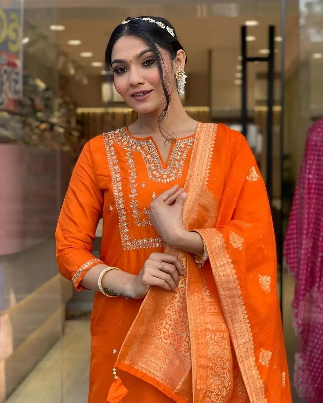 Graceful Orange Viscose Chanderi Top with Viscose Chanderi Bottom | Highlighting a Stunning